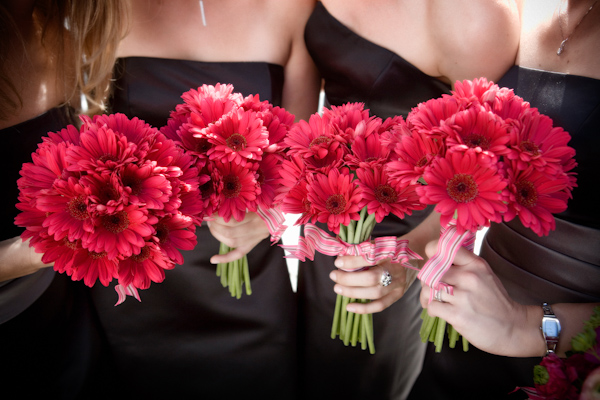 wedding photo by J Garner Photography, bridesmaids, pink gerber daisy bouquets